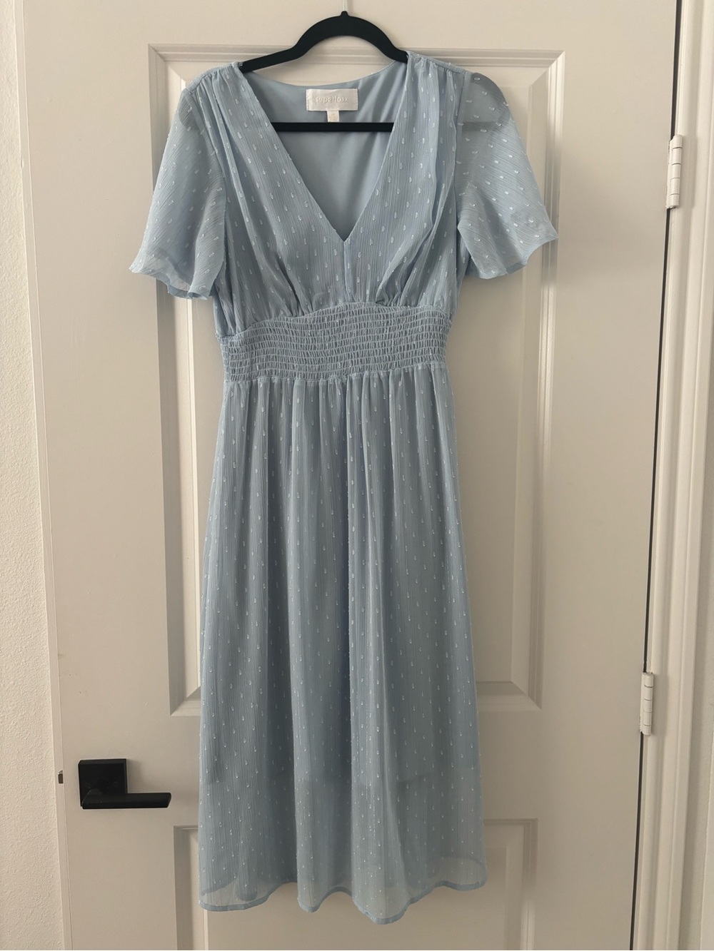 Smocked Waist Light Blue Midi Dress with V-Neck
